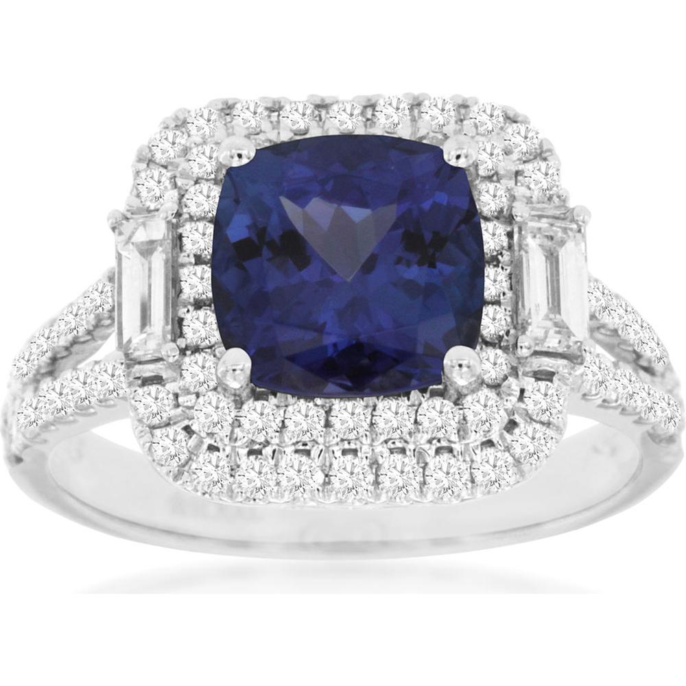 Royal 14K White Gold Ring with 2.70 Carat Cushion-Cut Tanzanite and 0.85 Carat Diamond Halo