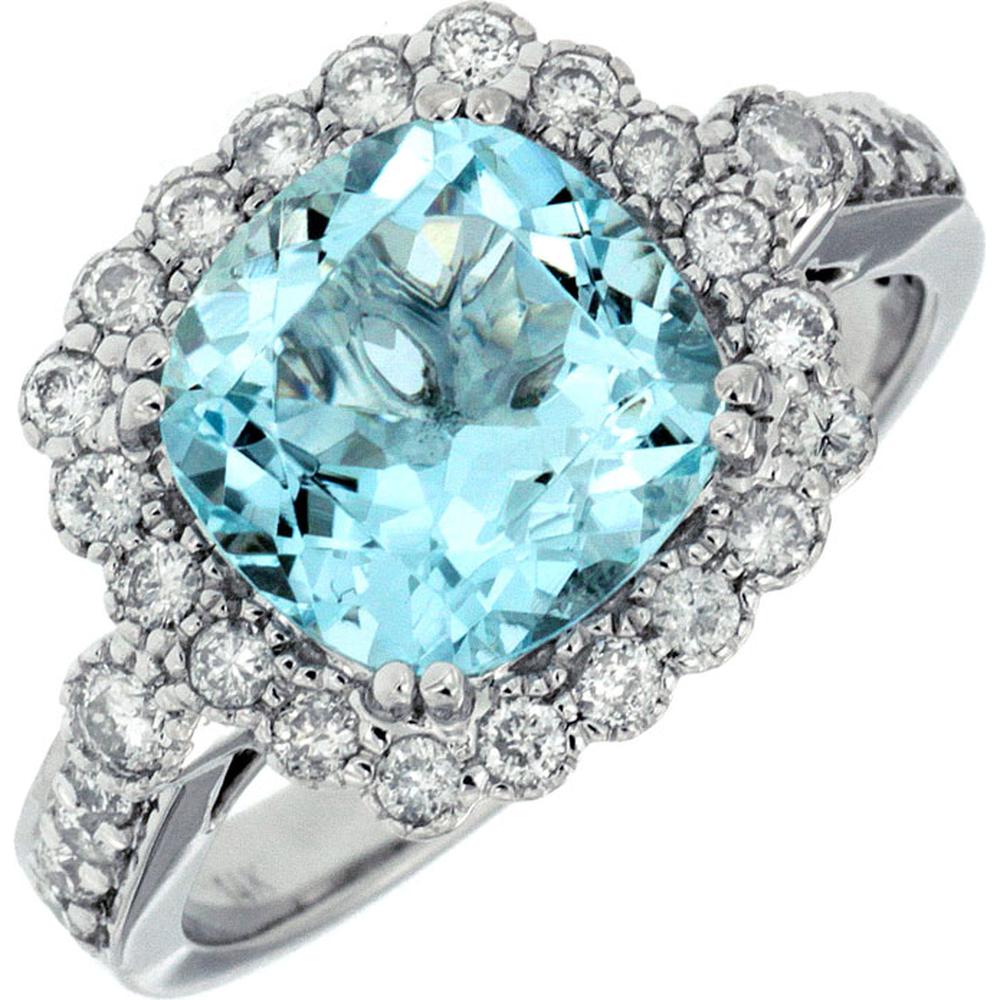 Royal 14K White Gold Ring with 2.75 Carat Cushion Cut Aquamarine and 0.50 Carat Diamond Halo