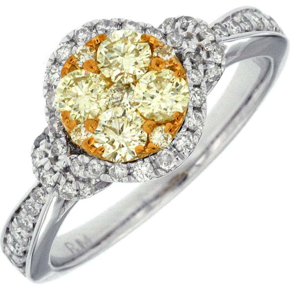 Royal 14K White Gold Ring with Cluster-Set Round Yellow Diamonds 0.52 Carats and White Diamond Halo 0.32 Carats Total Weight