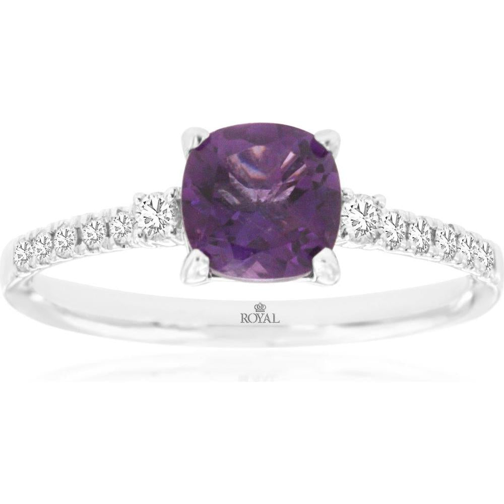 Royal 14K White Gold Ring with Cushion-Cut 0.85 Carat Amethyst and 0.15 Carat Diamond Pavé Accents