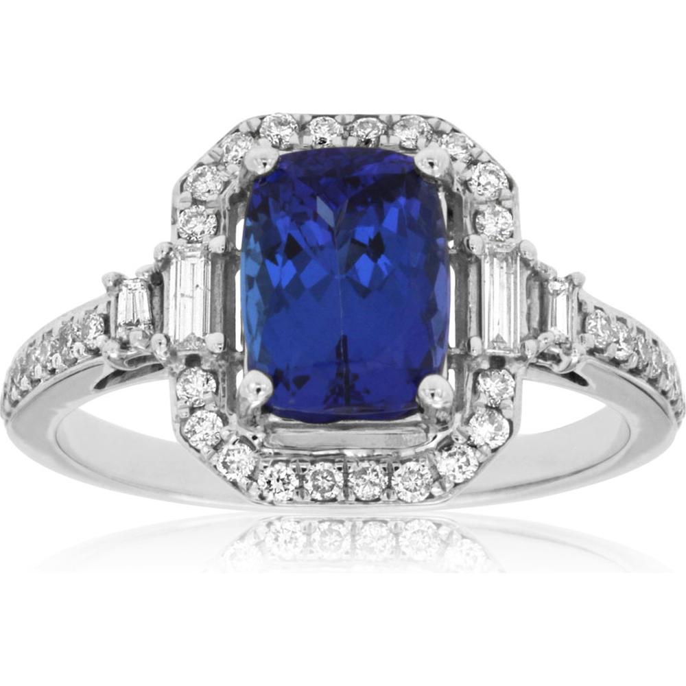 Royal 14K White Gold Ring with Cushion-Cut 1.60 Carat Tanzanite and 0.40 Carat Total Diamond Halo