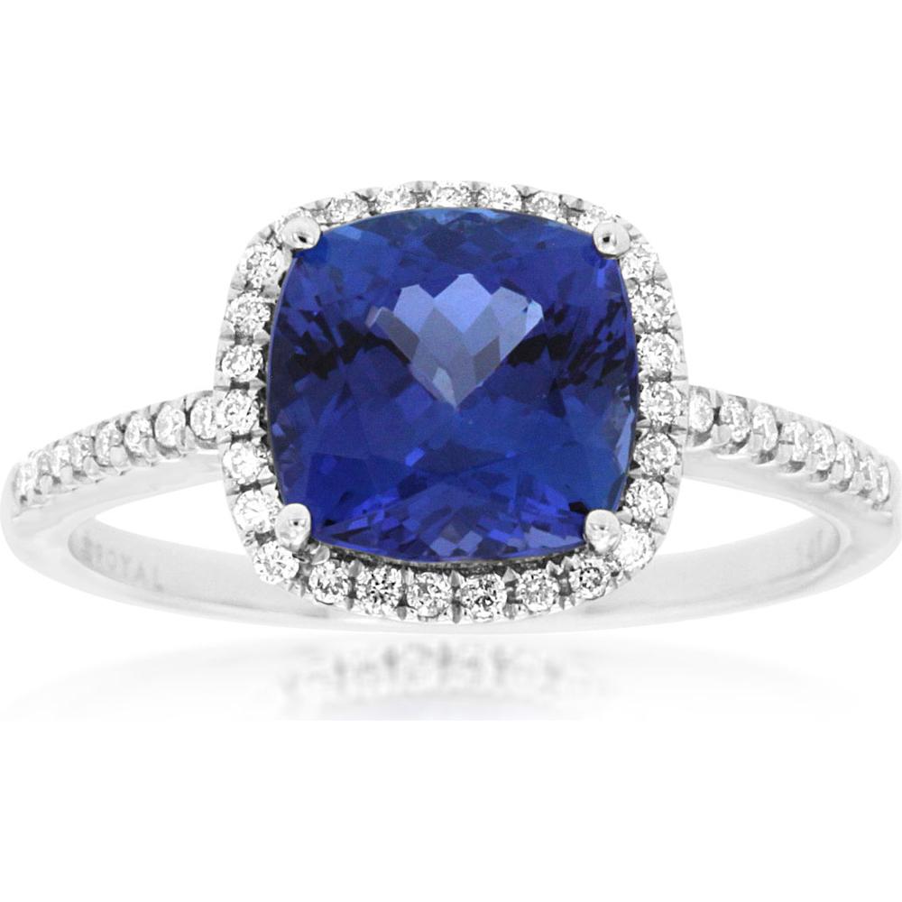 Royal 14K White Gold Ring with Cushion-Cut 2.20 Carat Tanzanite and 0.18 Carat Total Diamond Weight Halo