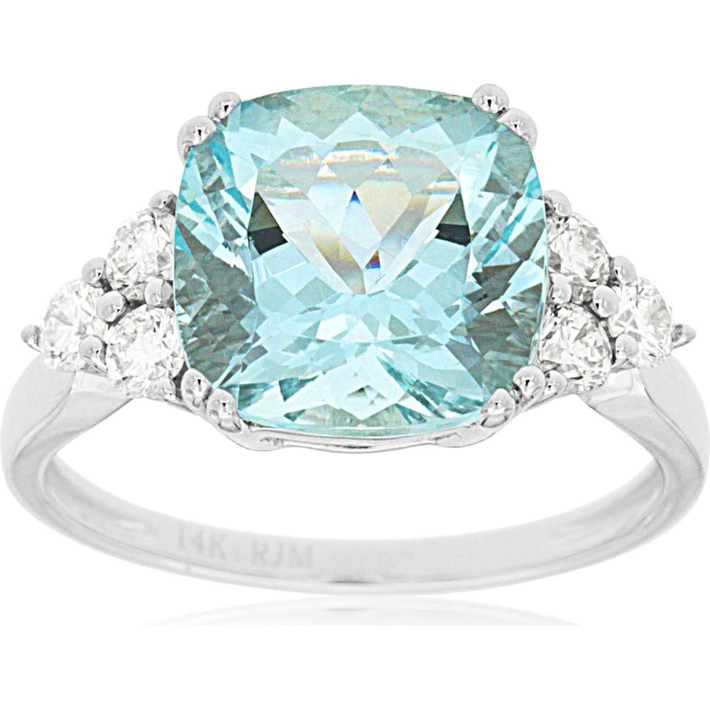 Royal 14K White Gold Ring with Cushion Cut 3.50 Carat Aquamarine and 0.45 Carat Diamond Accents