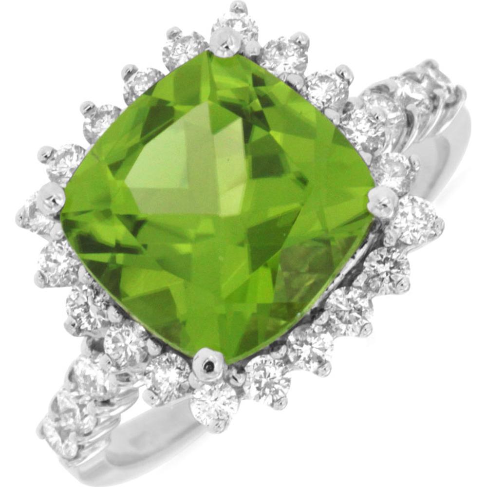Royal 14K White Gold Ring with Cushion-Cut 4.20 Carat Peridot and 0.65 Carat Diamond Halo