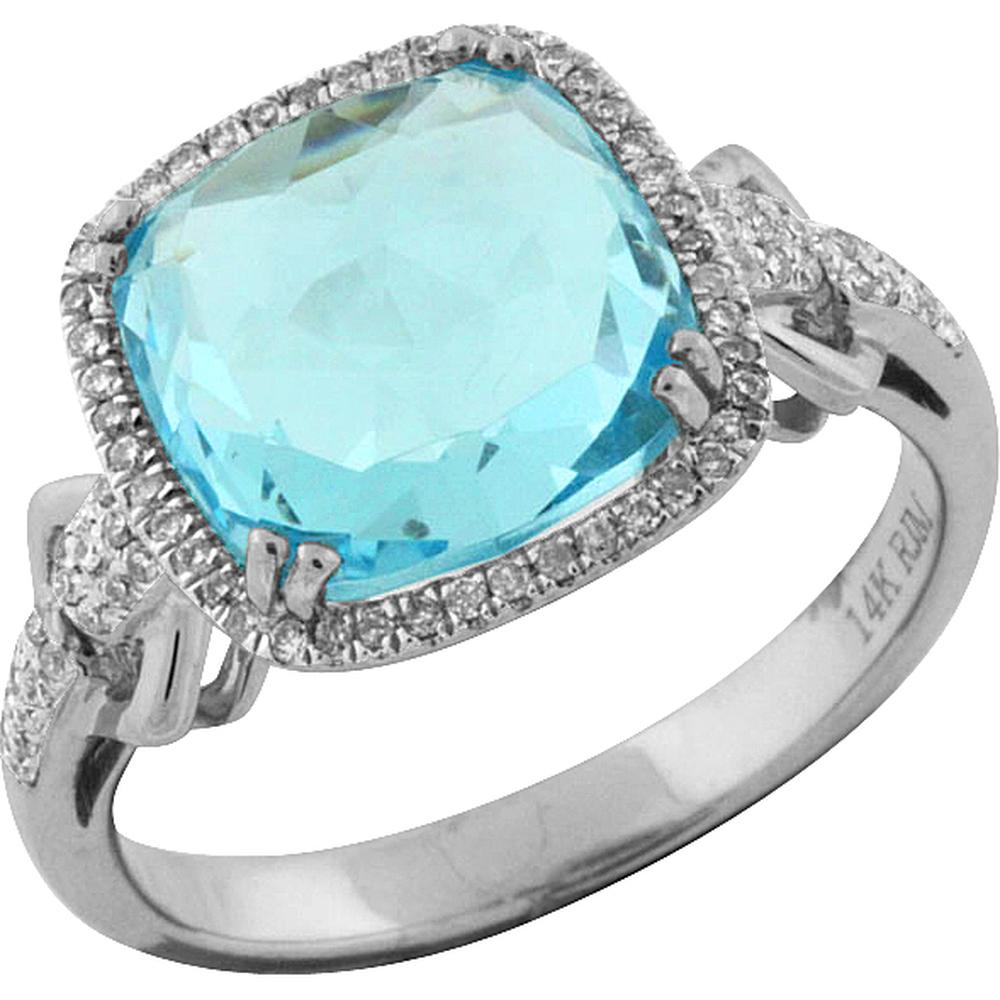 Royal 14K White Gold Ring with Cushion-Cut 4.85 Carat Blue Topaz and Round Diamonds - 0.20 Carat Total Diamond Weight