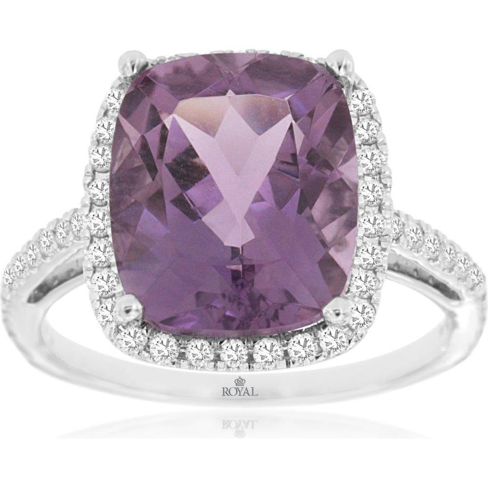 Royal 14K White Gold Ring with Cushion Cut Amethyst and Diamond Halo - 6.58 Carat Total Gem Weight