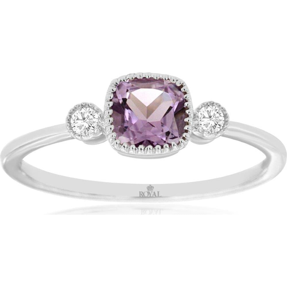 Royal 14K White Gold Ring with Cushion-Cut Amethyst and Round Diamonds - 0.50 Carat Amethyst and 0.06 Carat Diamond Weight