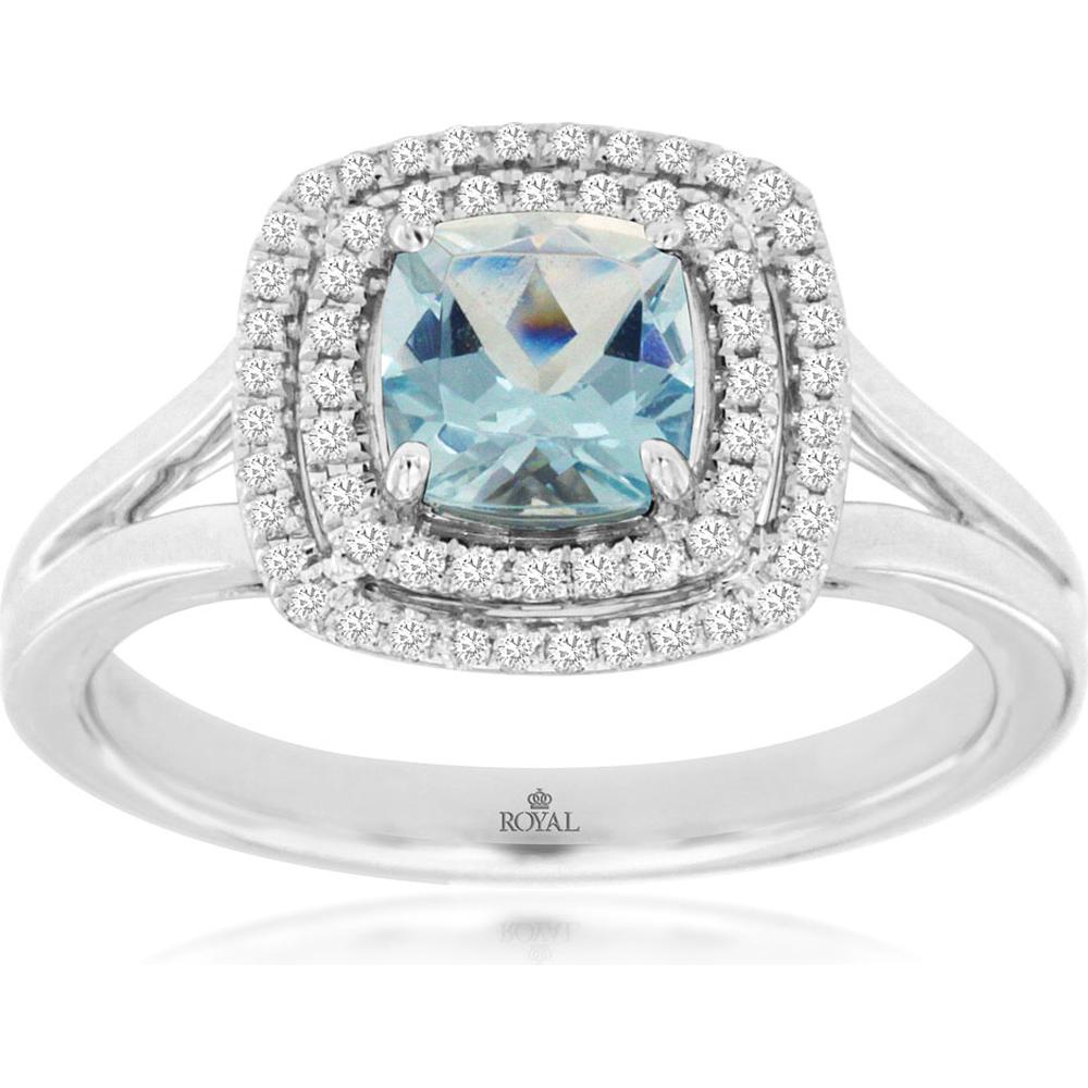 Royal 14K White Gold Ring with Cushion Cut Aquamarine and Double Halo Diamonds - 1.04 Carat Total Gem Weight