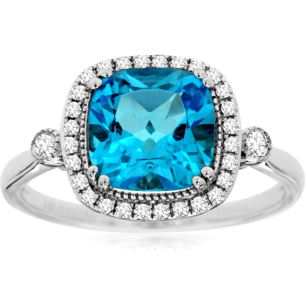 Royal 14K White Gold Ring with Cushion Cut Blue Topaz and Diamond Halo - 2.78 Carat Total Gem Weight