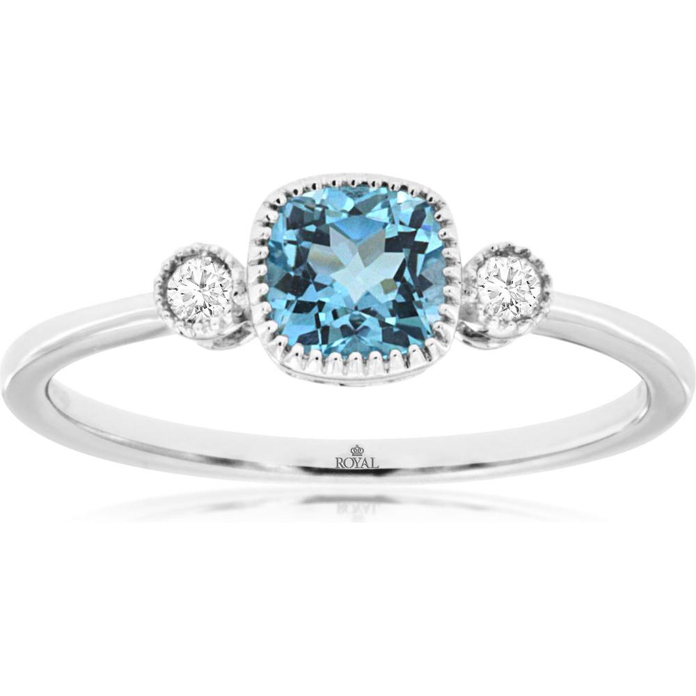 Royal 14K White Gold Ring with Cushion-Cut Blue Topaz and Round Diamonds - 0.76 Carat Total Gem Weight