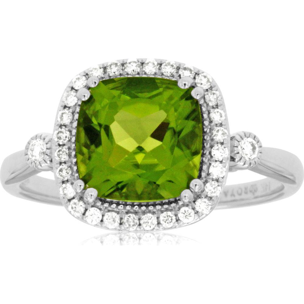 Royal 14K White Gold Ring with Cushion Cut Peridot and Diamond Halo - 2.10 Carat Peridot and 0.18 Carat Total Diamond Weight