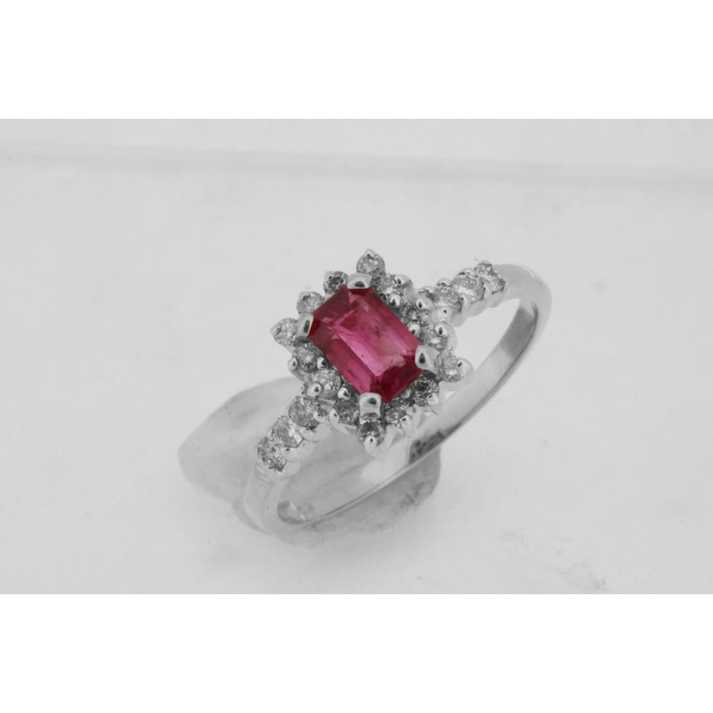 Royal 14K White Gold Ring with Emerald-Cut Ruby and Round Diamond Halo - 0.60 Carat Ruby, 0.35 Carat Total Diamond Weight