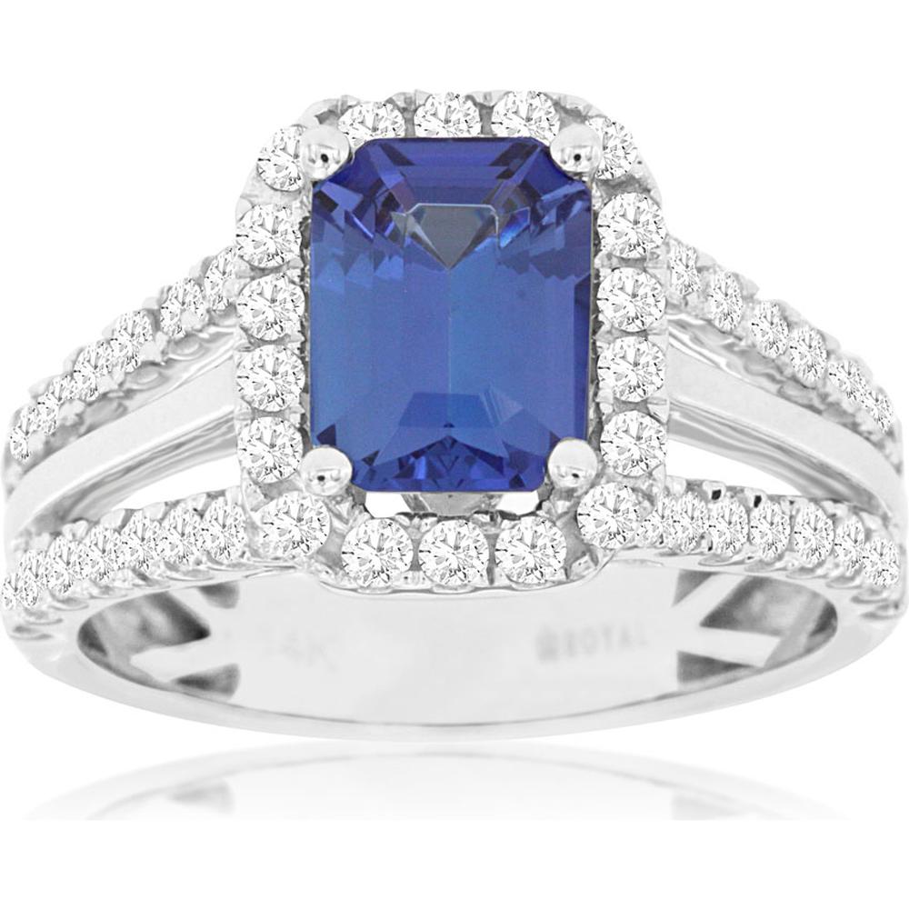 Royal 14K White Gold Ring with Emerald Cut Tanzanite and Diamond Halo - 2.35 Carat Total Gem Weight