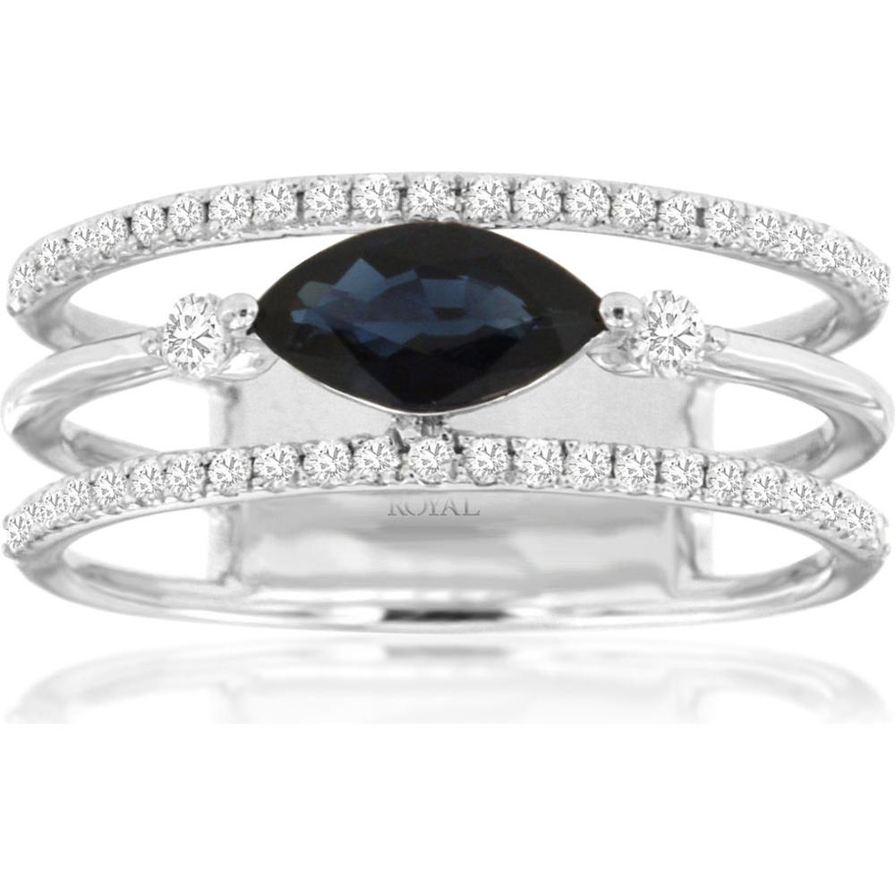 Royal 14K White Gold Ring with Marquise Sapphire and Diamond Accents - 0.73 Carat Sapphire, 0.26 Carat Diamond