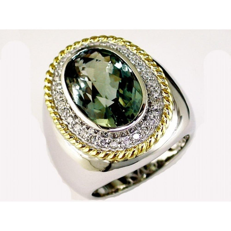 Royal 14K White Gold Ring with Oval 7.70 Carat Green Amethyst and 0.42 Carat Diamond Halo