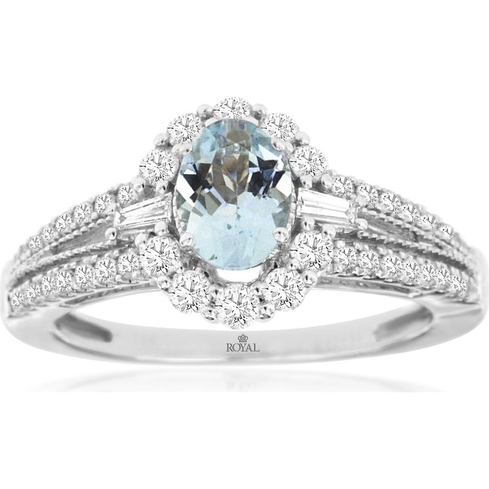 Royal 14K White Gold Ring with Oval Aquamarine and Round Diamond Halo - 0.68 Carats Aquamarine & 0.56 Carats Diamond Total Weight