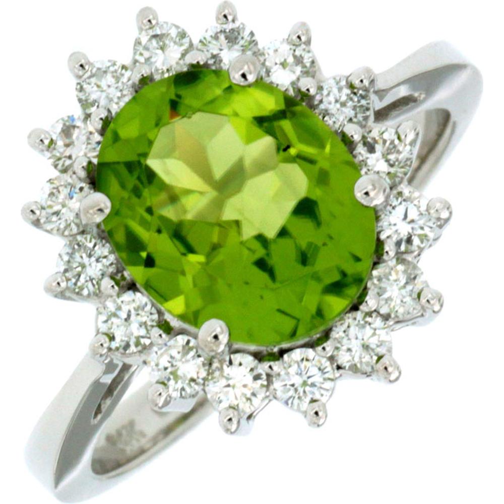 Royal 14K White Gold Ring with Oval Peridot 2.80 Carat and Diamond Halo 0.65 Carat Total Diamond Weight