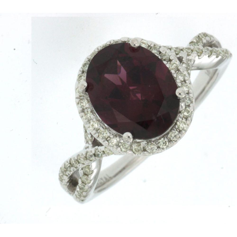 Royal 14K White Gold Ring with Oval Rhodolite Garnet and Diamond Halo - 3.30 Carats Total Gem Weight