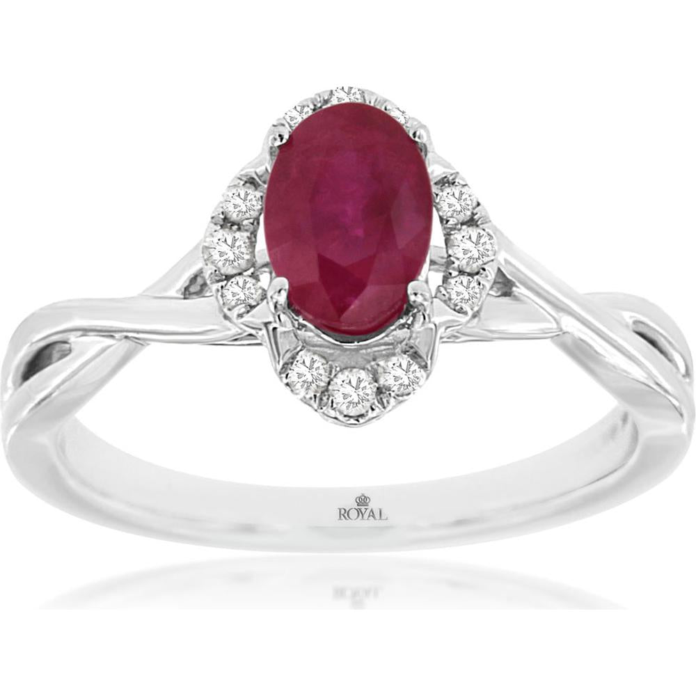 Royal 14K White Gold Ring with Oval Ruby - 0.90 Carats and Diamond Halo - 0.11 Carats Total Diamond Weight