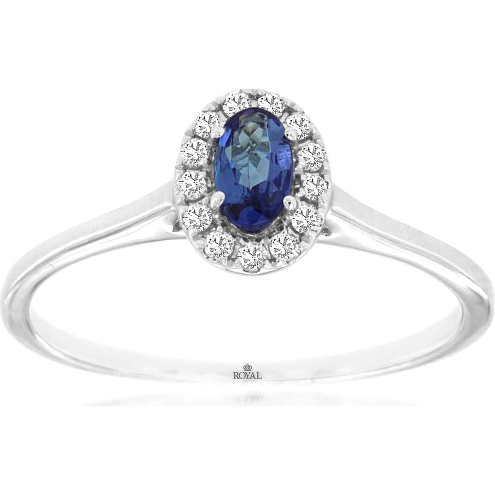 Royal 14K White Gold Ring with Oval Tanzanite and Diamond Halo - 0.22 Carat Tanzanite and 0.10 Carat Total Diamond Weight
