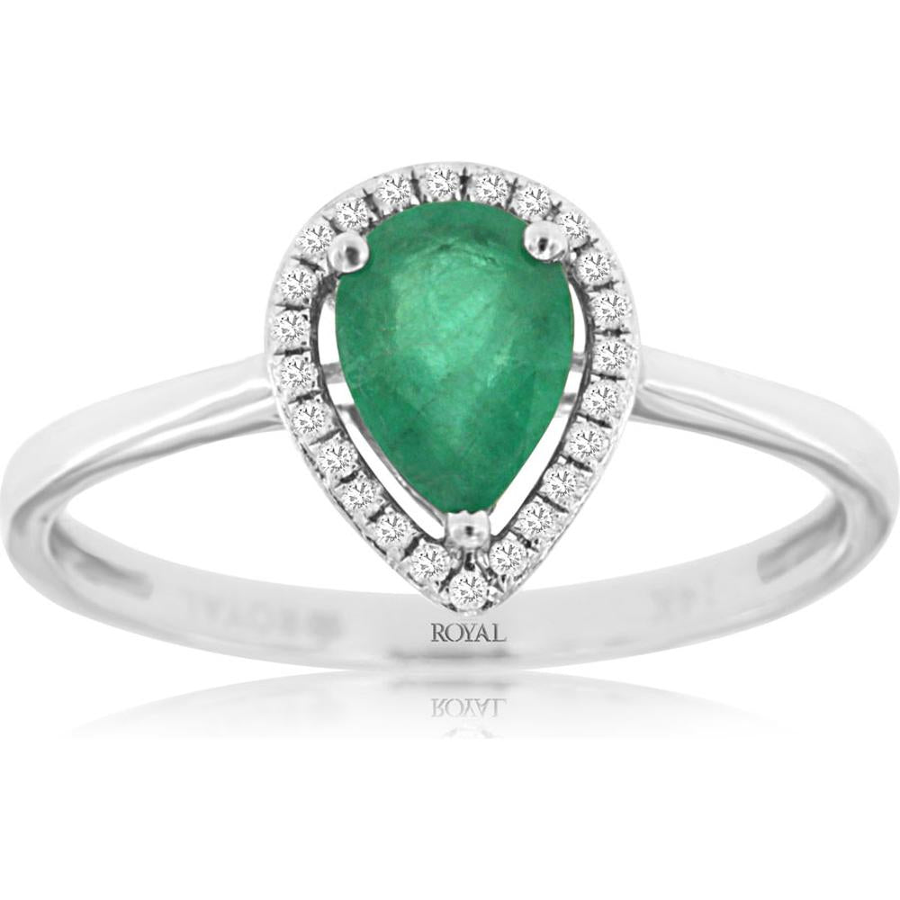 Royal 14K White Gold Ring with Pear-Shaped Emerald and Halo of Round Diamonds - 0.76 Carat Total Gem Weight