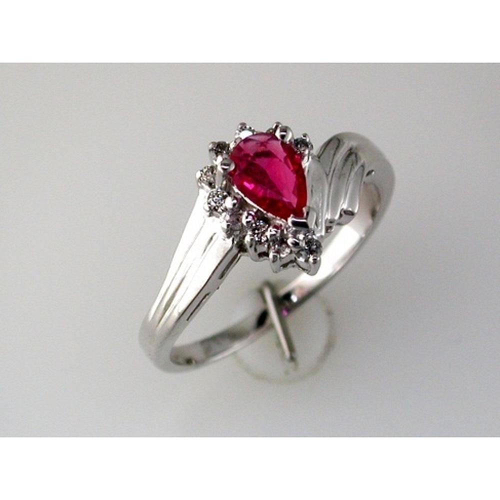 Royal 14K White Gold Ring with Pear-Shaped Ruby and Round Diamond Halo - 0.11 Carat Ruby and Diamond Accents