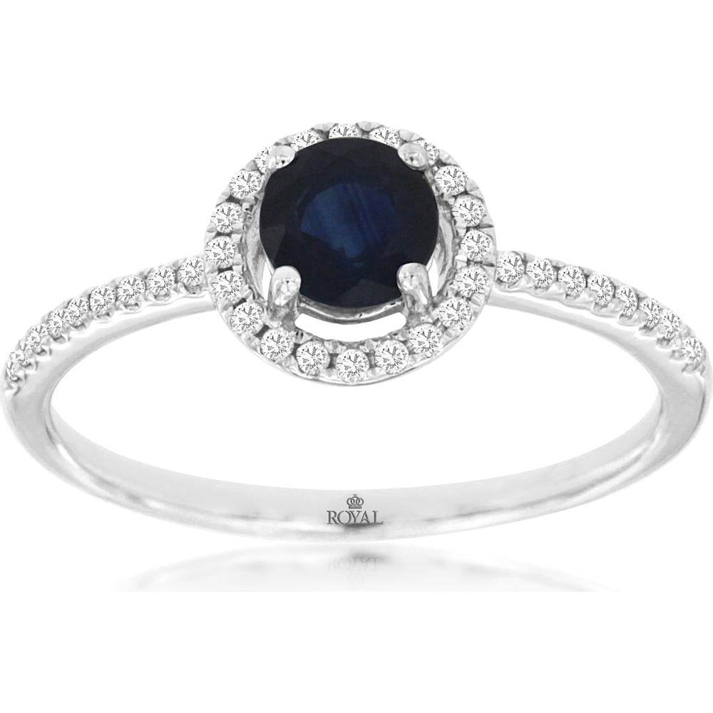 Royal 14K White Gold Ring with Round 0.55 Carat Sapphire and 0.14 Carat Diamonds