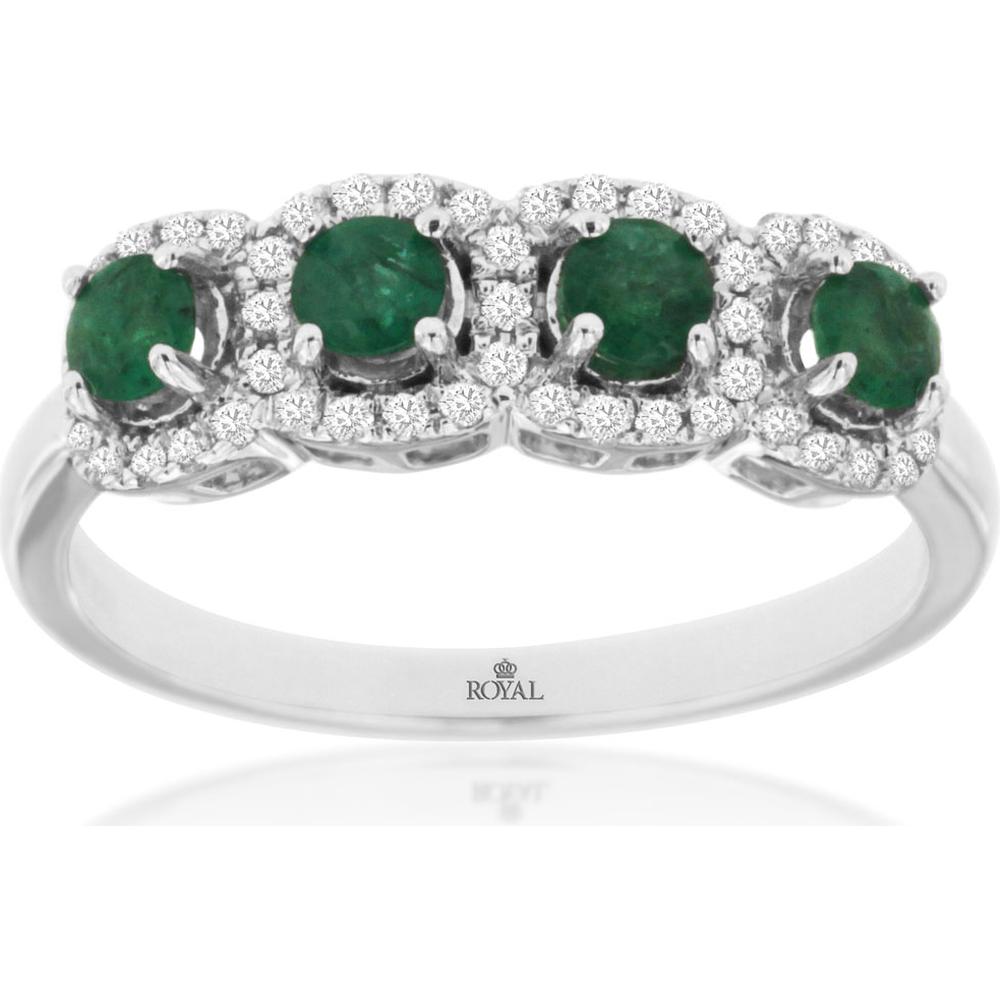 Royal 14K White Gold Ring with Round-Cut Emeralds and Halo of Diamonds - 0.43 Carat Total Emerald Weight, 0.18 Carat Total Diamond Weight