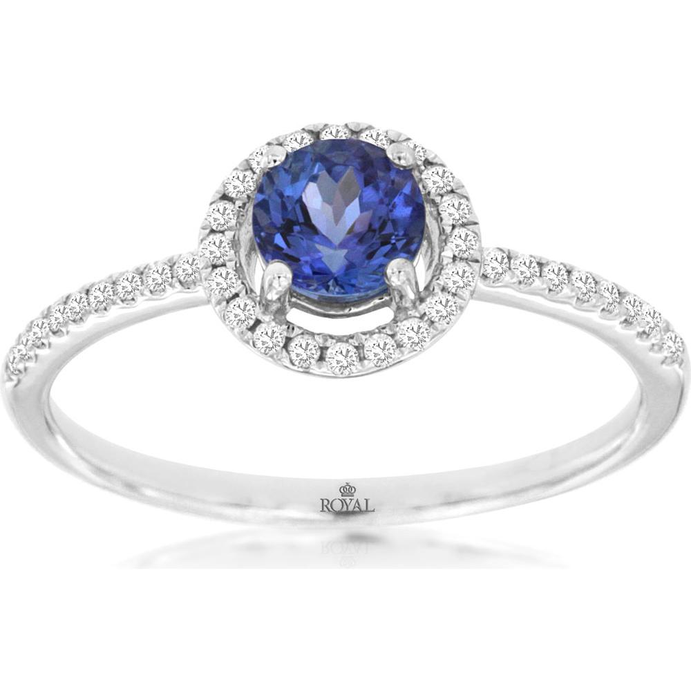 Royal 14K White Gold Ring with Round Tanzanite and Diamond Halo - 0.50 Carat Tanzanite, 0.14 Carat Diamond