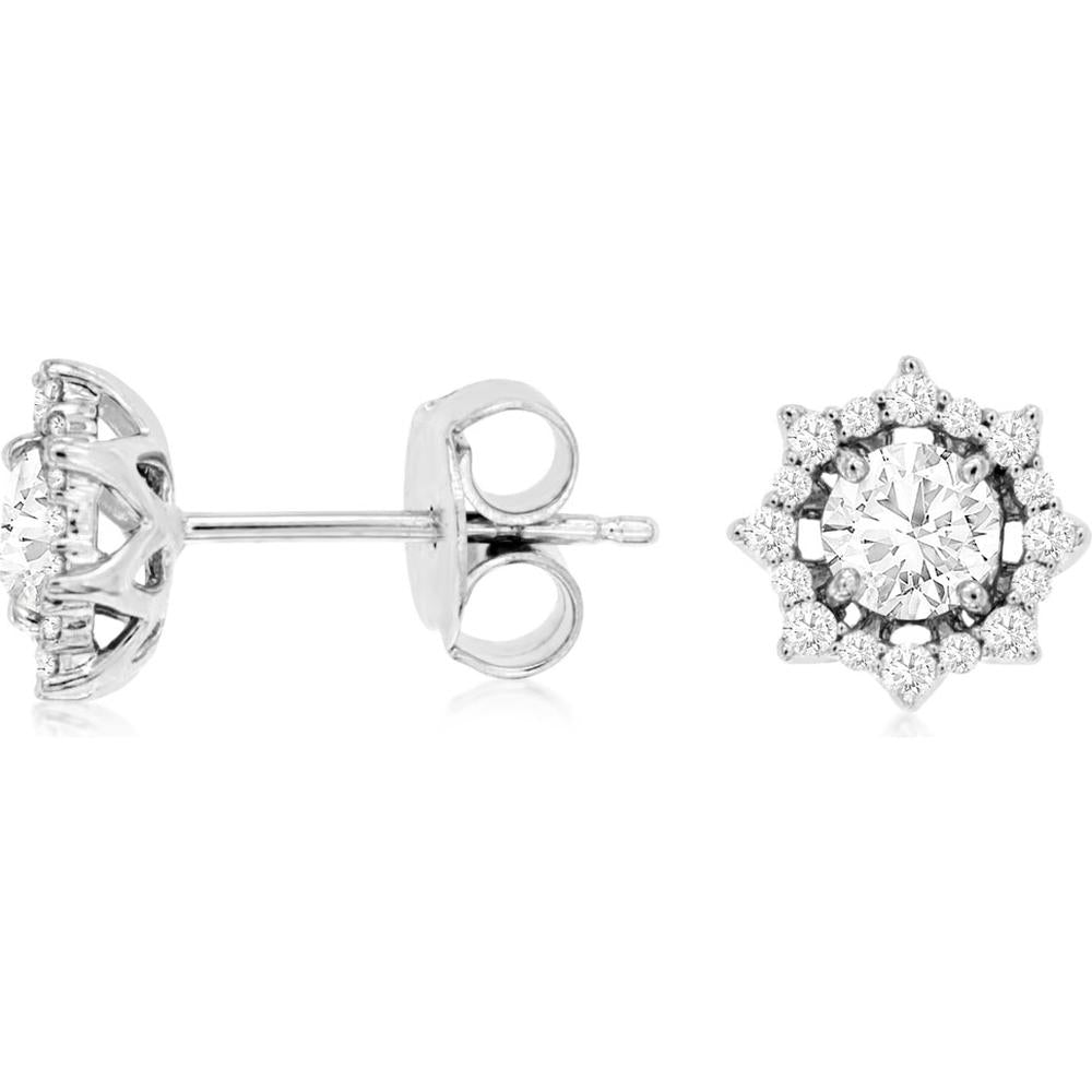 Royal 14K White Gold Round Diamond Halo Stud Earrings - 0.74 Carats Total Diamond Weight