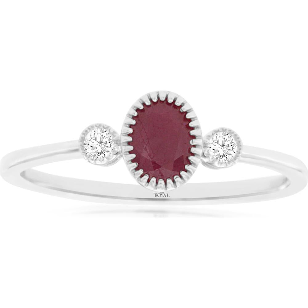 Royal 14K White Gold Ruby and Diamond 3-Stone Ring - 0.55 Carats Ruby and 0.06 Carats Diamond Total Weight