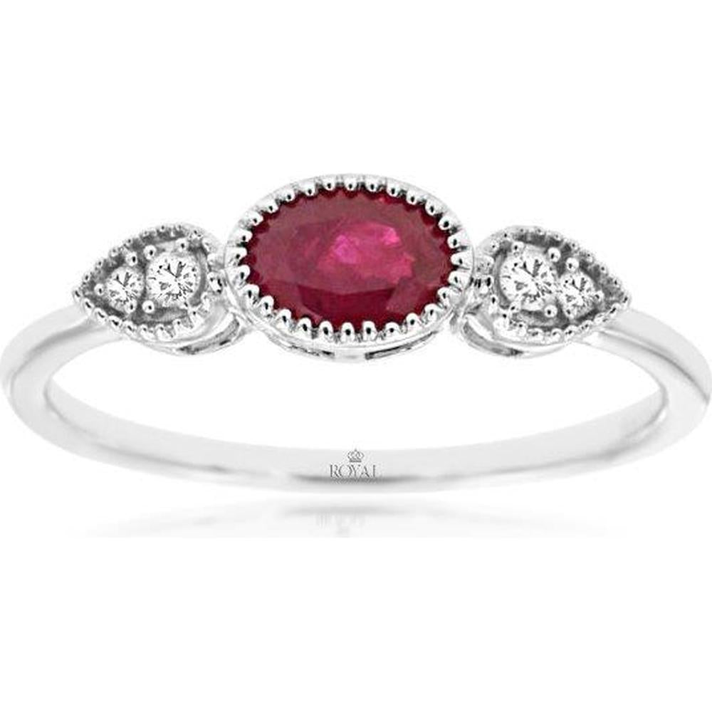 Royal 14K White Gold Ruby & Diamond 3-Stone Ring - 0.60 Carats Ruby, 0.05 Carats Total Diamond Weight