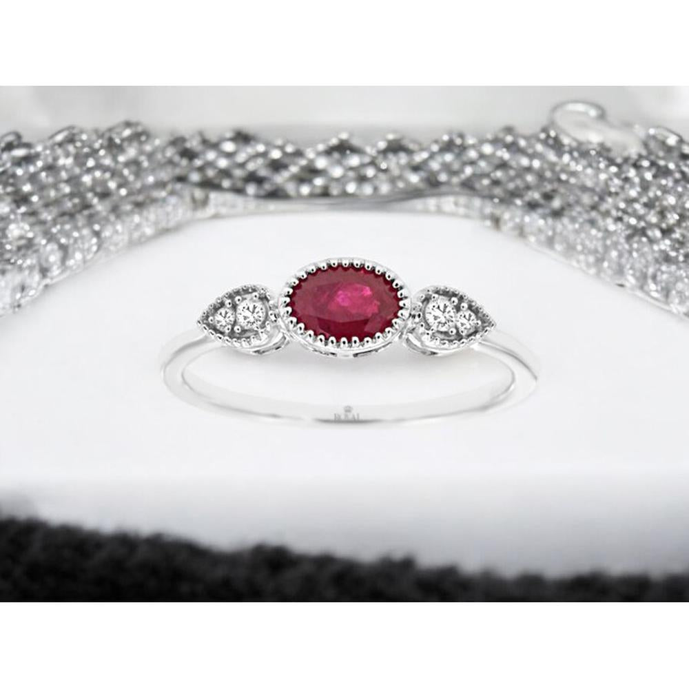 Royal 14K White Gold Ruby & Diamond 3-Stone Ring - 0.60 Carats Ruby, 0.05 Carats Total Diamond Weight