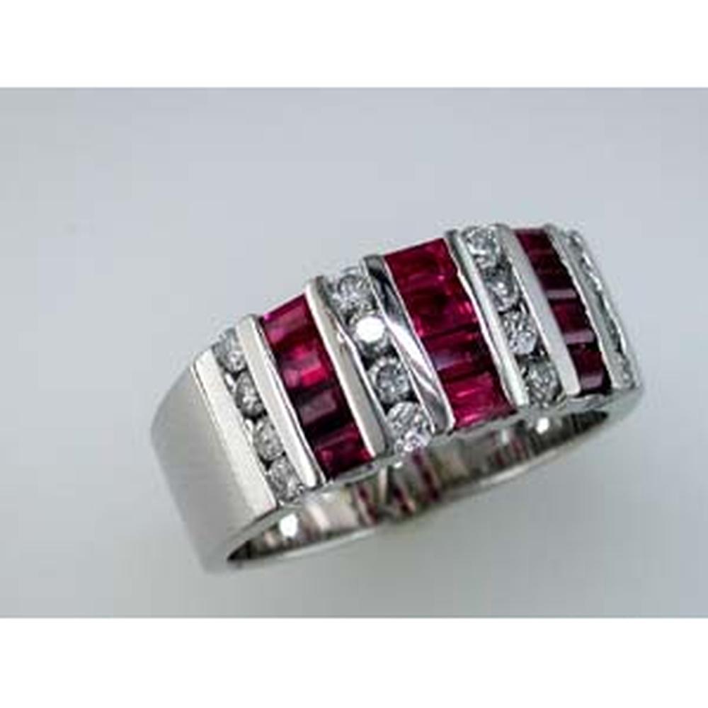 Royal 14K White Gold Ruby & Diamond Band Ring with Baguette and Round Stones - 1.65 Carats Total Gem Weight