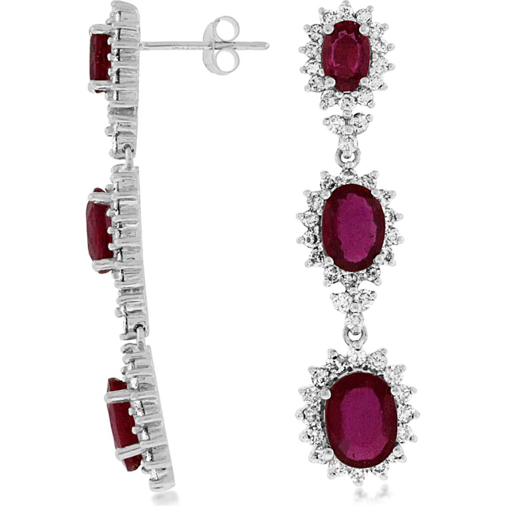 Royal 14K White Gold Ruby & Diamond Drop Earrings with Oval Rubies and Round Diamonds - 6.50 Carats Total Ruby Weight
