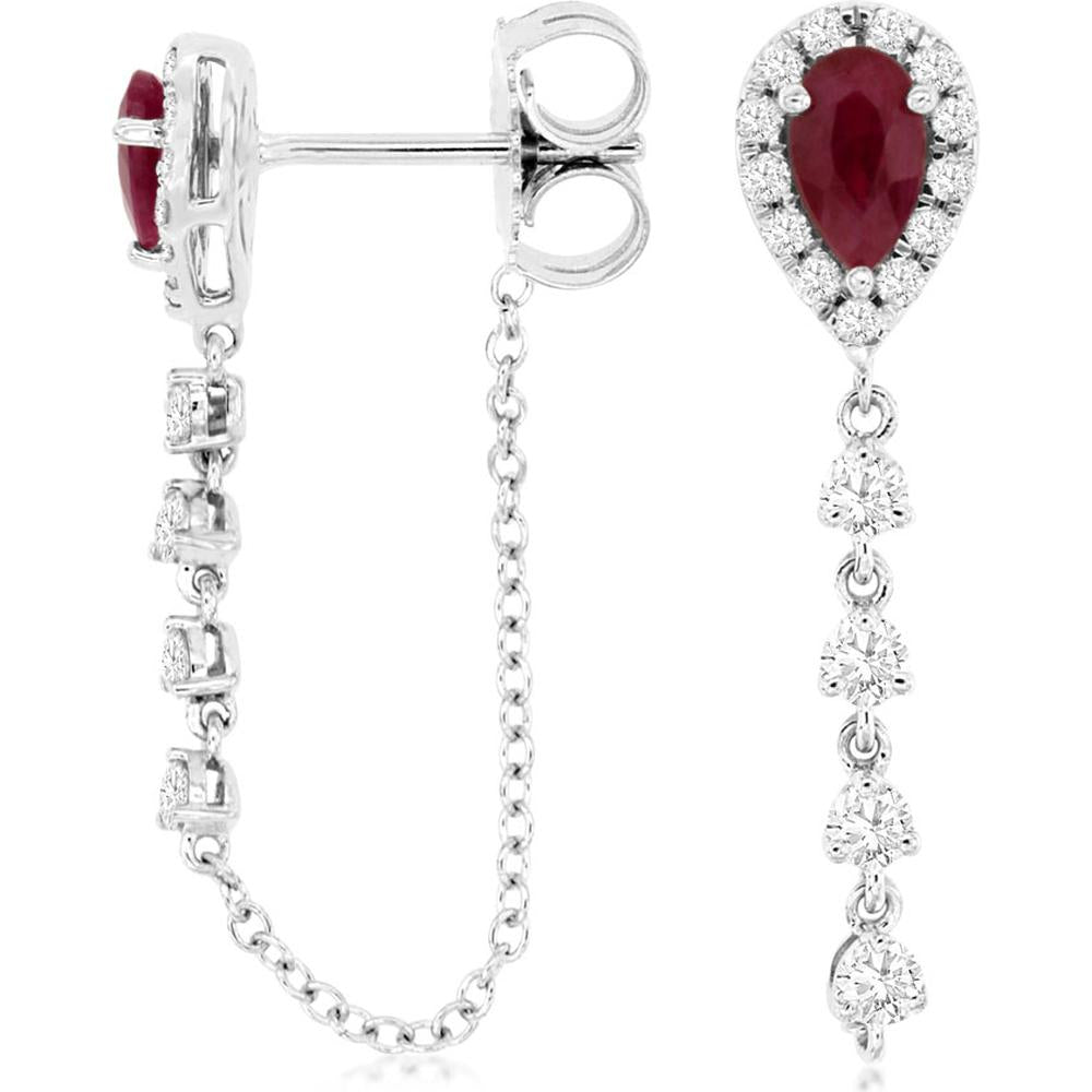 Royal 14K White Gold Ruby & Diamond Drop Earrings with Pear-Shaped Rubies - 0.88 Carats Total Ruby Weight, 0.35 Carats Total Diamond Weight