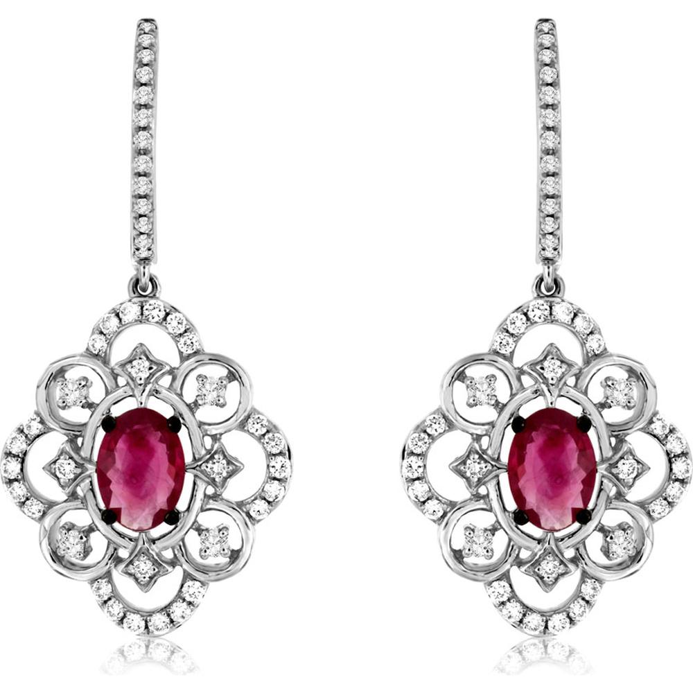 Royal 14K White Gold Ruby & Diamond Earrings - 1.25 Carat Ruby, 0.45 Carat Diamond Total