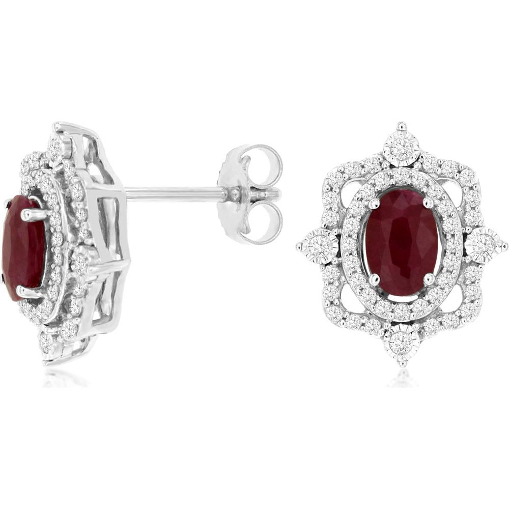 Royal 14K White Gold Ruby & Diamond Fancy Link Earrings - 1.10 Carat Ruby, 0.39 Carat Diamond Total Weight