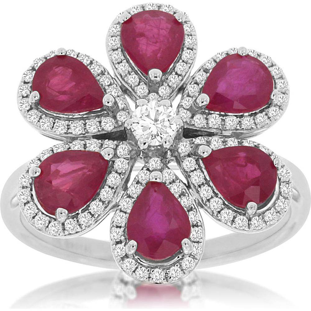 Royal 14K White Gold Ruby & Diamond Flower Ring with Pear-Shaped Rubies - 2.40 Carats Total Gem Weight