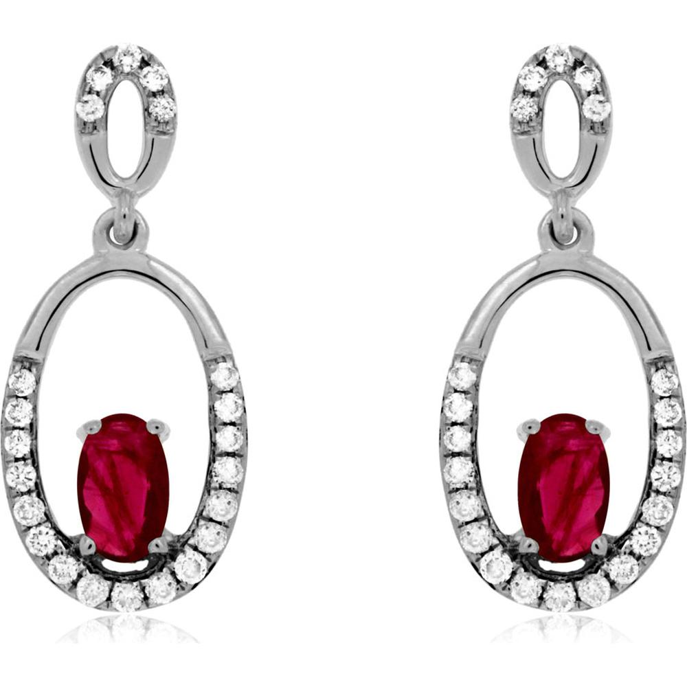 Royal 14K White Gold Ruby & Diamond Halo Earrings - 0.45 Carat Ruby, 0.20 Carat Diamond Total