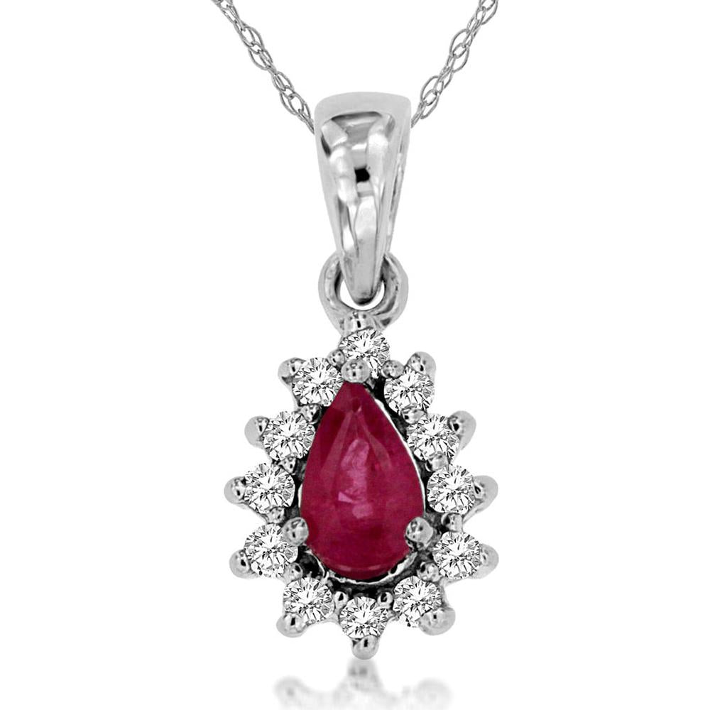 Royal 14K White Gold Ruby & Diamond Halo Pendant - 0.28 Carat Ruby, 0.10 Carat Diamond Total