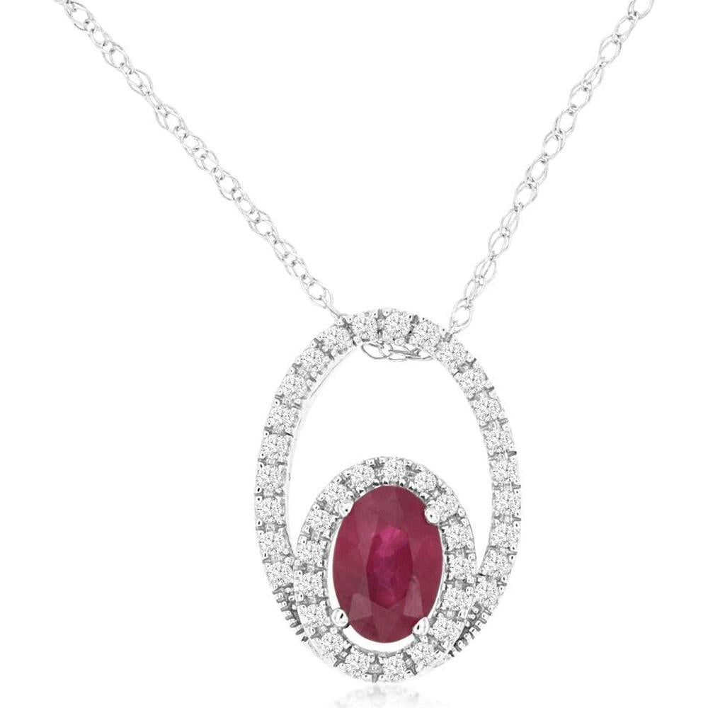 Royal 14K White Gold Ruby & Diamond Halo Pendant - 0.55 Carats Ruby, 0.15 Carats Total Diamond Weight
