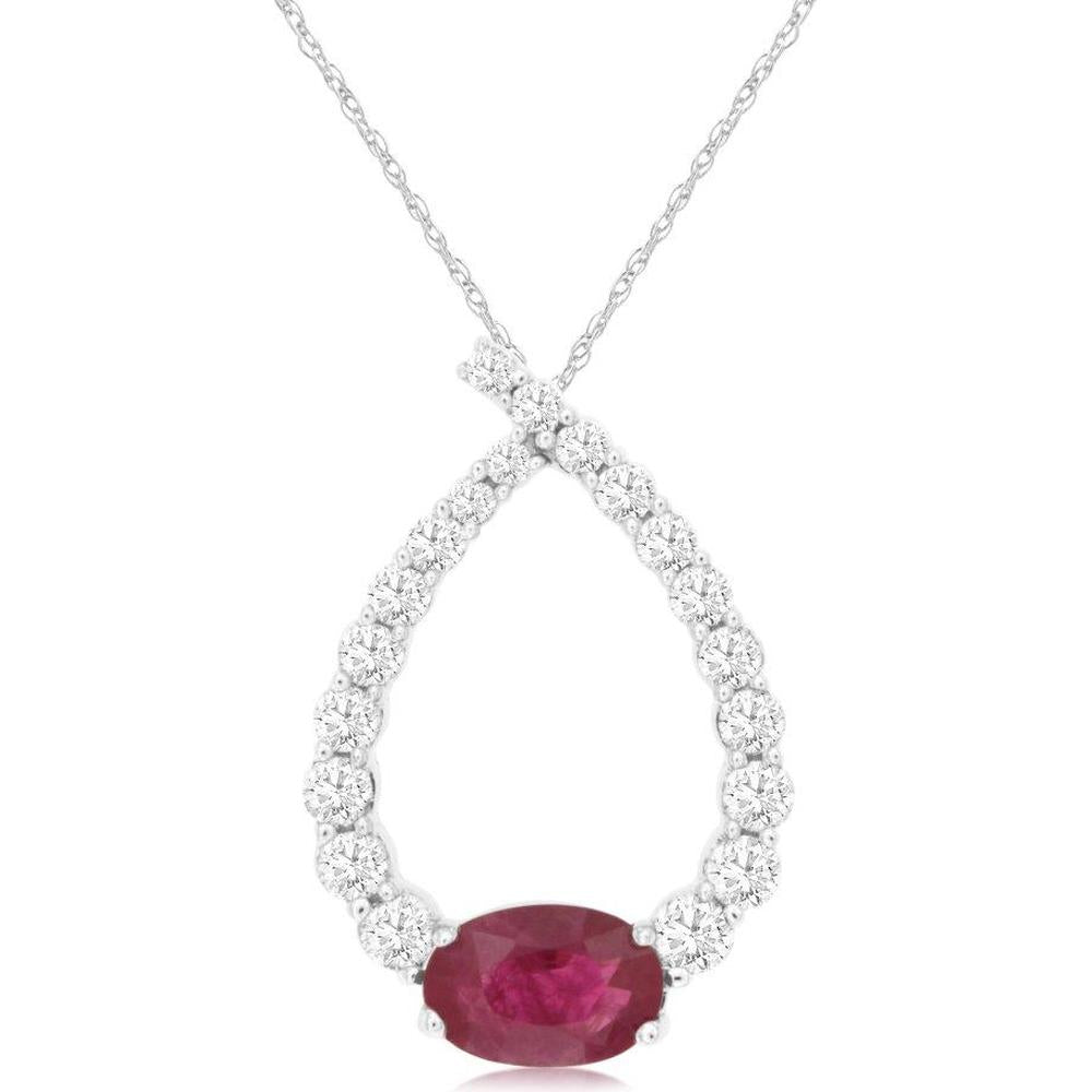 Royal 14K White Gold Ruby & Diamond Halo Pendant - 0.89 Carat Total Gem Weight