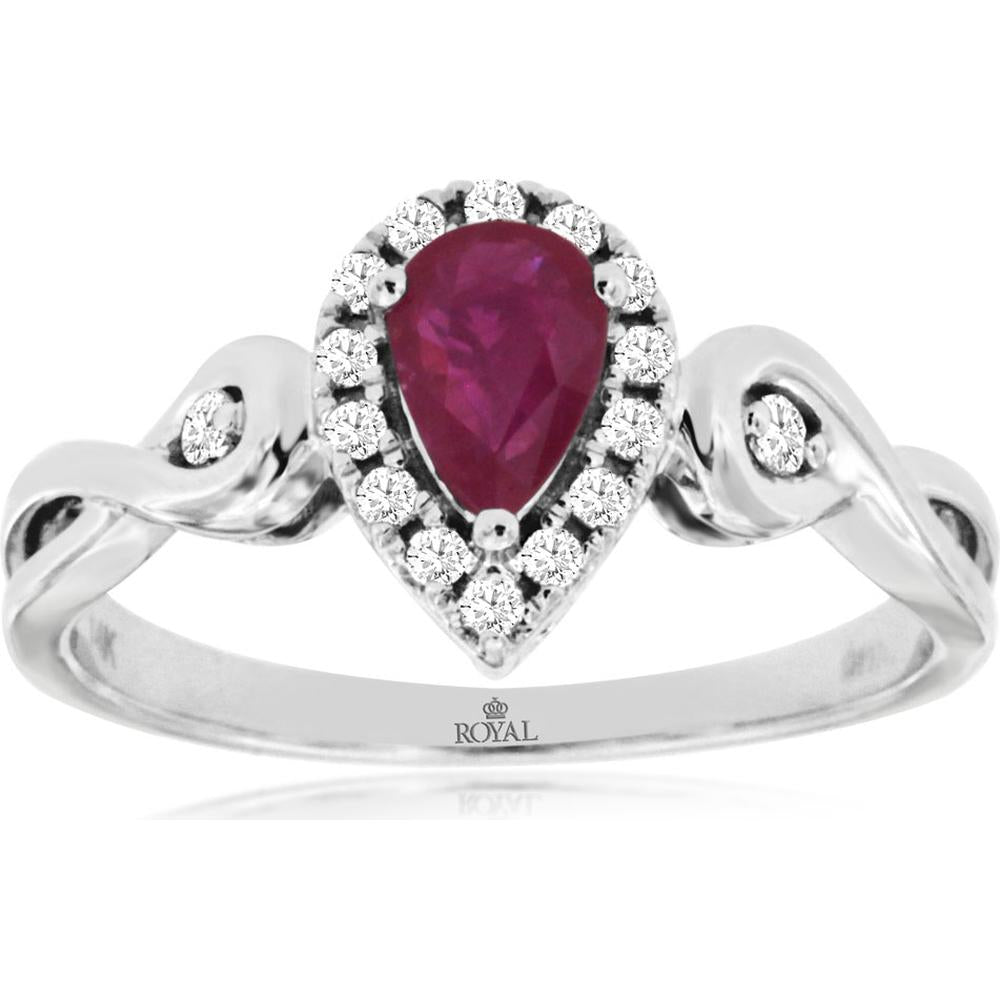 Royal 14K White Gold Ruby & Diamond Halo Ring - 0.45 Carats Ruby, 0.16 Carats Diamonds