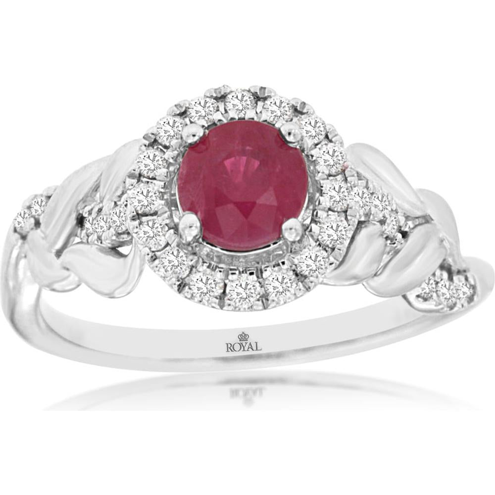 Royal 14K White Gold Ruby and Diamond Halo Ring - 0.69 Carats Ruby and 0.25 Carats Total Diamond Weight