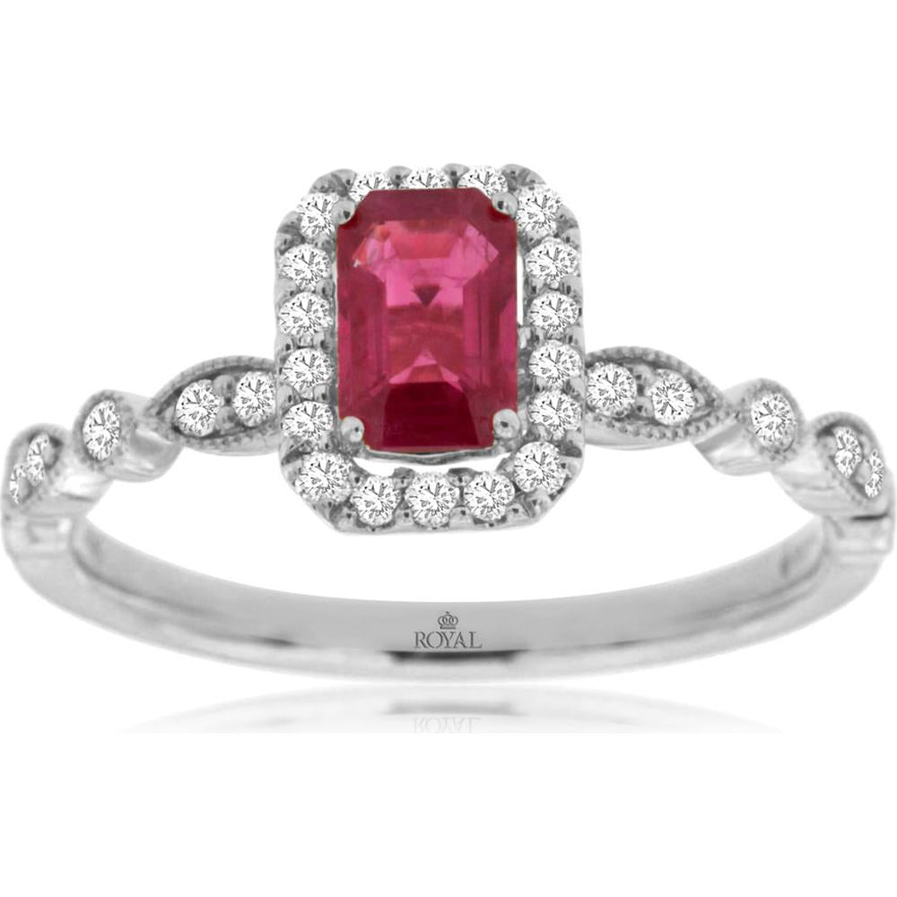 Royal 14K White Gold Ruby & Diamond Halo Ring - 0.89 Carats Total Gem Weight