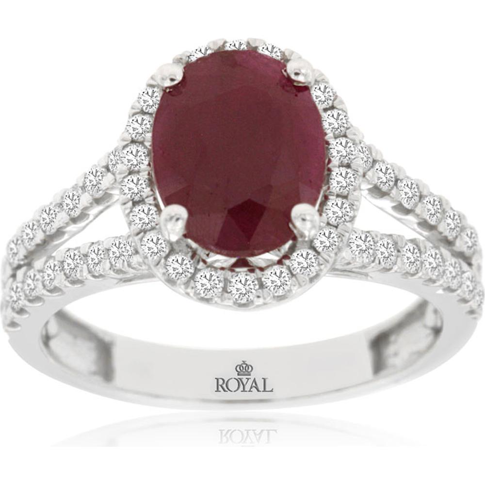 Royal 14K White Gold Ruby & Diamond Halo Ring - 2.35 Carat Ruby, 0.72 Carat Diamond Total Weight