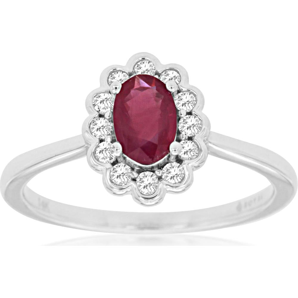 Royal 14K White Gold Ruby & Diamond Halo Ring with Oval Ruby - 0.55 Carats Ruby, 0.16 Carats Total Diamond Weight