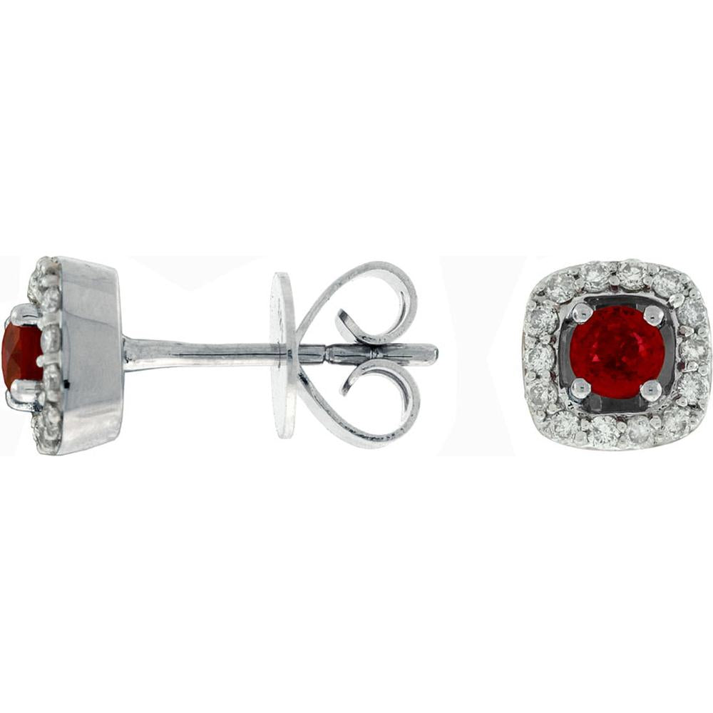 Royal 14K White Gold Ruby & Diamond Halo Stud Earrings - 0.18 Carats Ruby & 0.35 Carats Diamond Total Weight