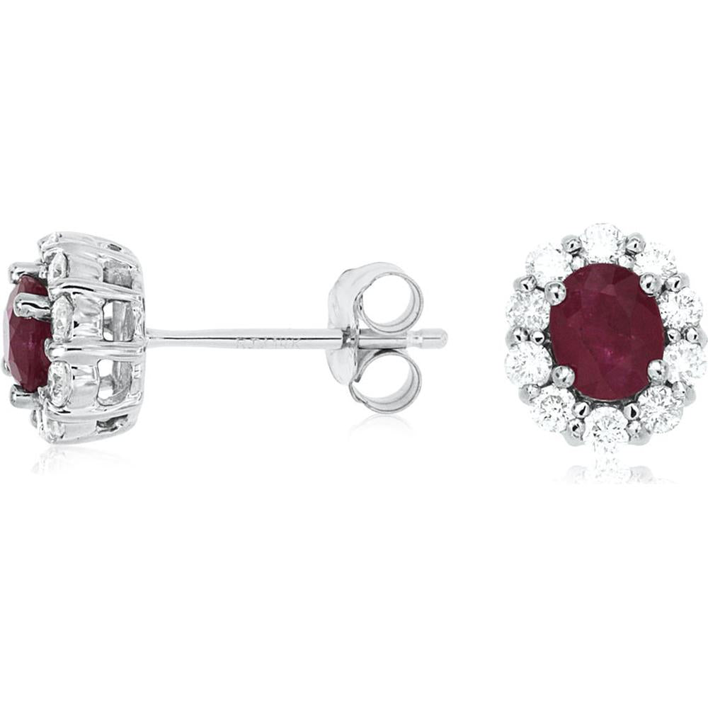Royal 14K White Gold Ruby and Diamond Halo Stud Earrings - 0.80 Carat Total Ruby and 0.90 Carat Total Diamond Weight